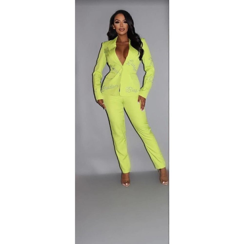 2 Piece Powersuit‎ Blazer & Pants Set With Rhinestone Letterings On Blazer